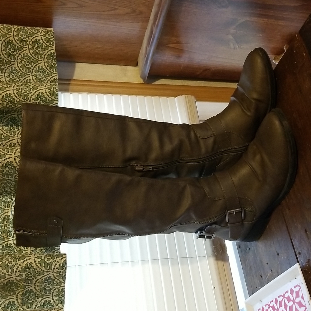 Slouchy gray tall buckle boots